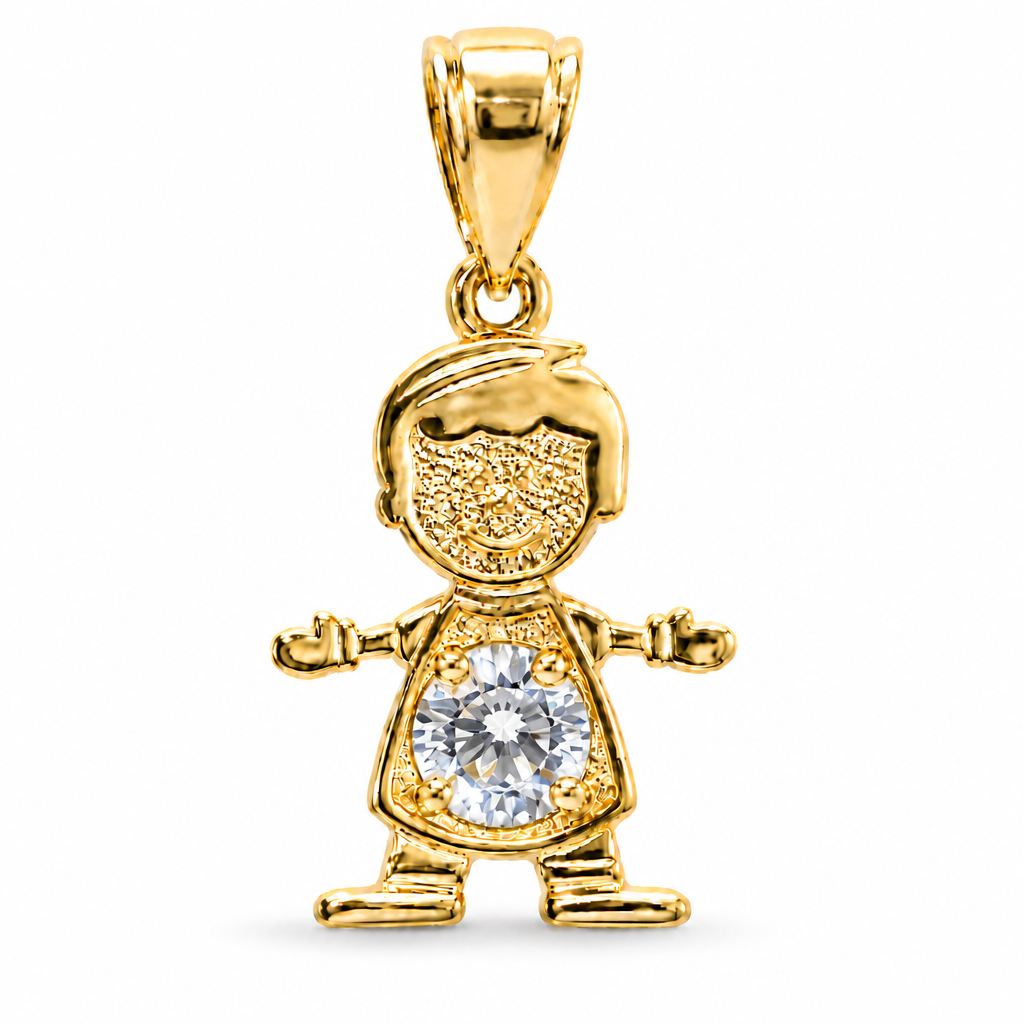 14KT Gold Charm Boy with White CZ Stone Belly and Plain Bell