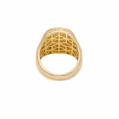 14KT Gold Ring Men's Oval Two Tone Open Hand Virgin Mary Center with White CZ Stones Background Plain Border with White CZ Drips on Sides