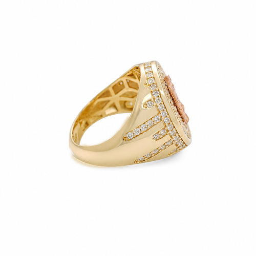 14KT Gold Ring Men's Oval Two Tone Open Hand Virgin Mary Center with White CZ Stones Background Plain Border with White CZ Drips on Sides