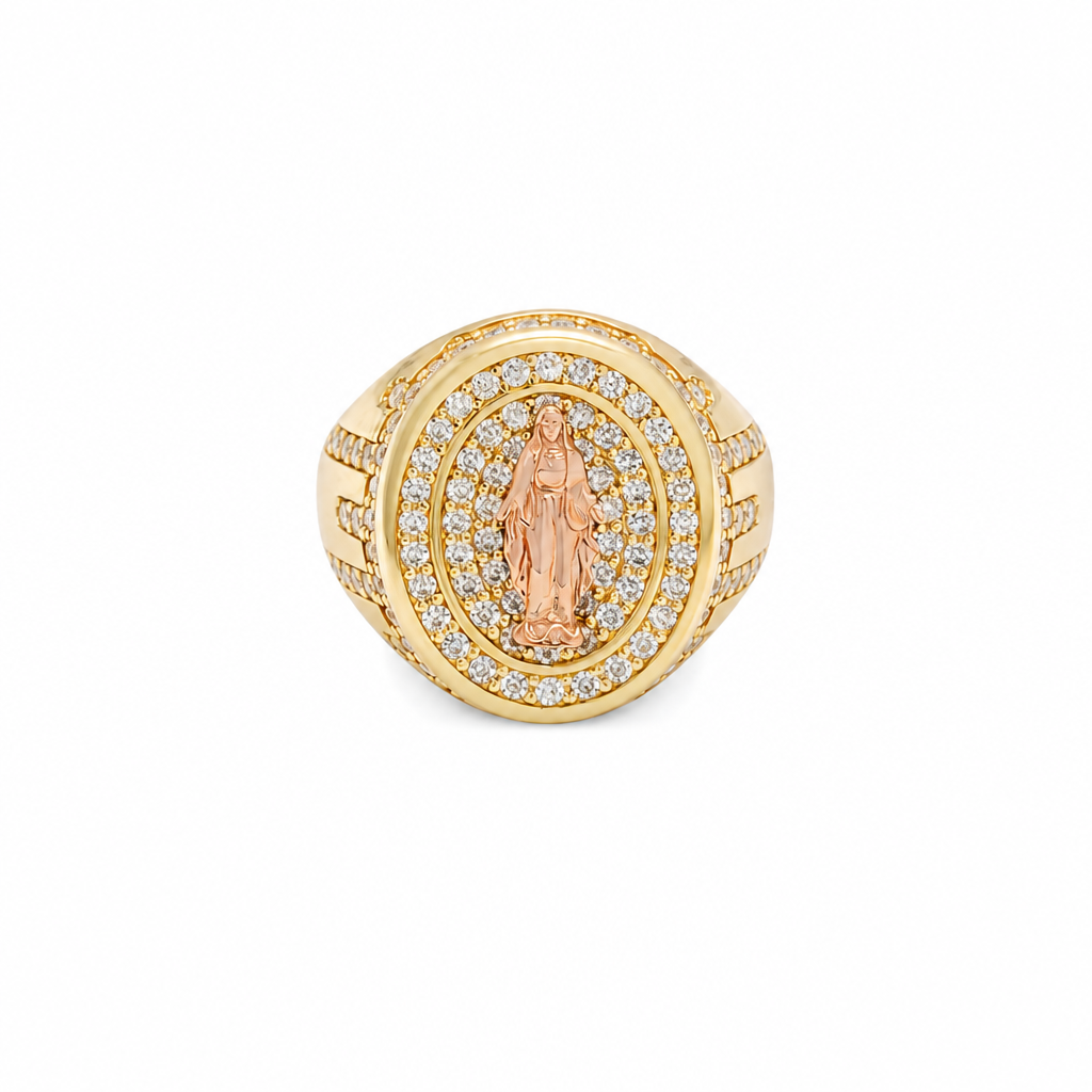 14KT Gold Ring Men's Oval Two Tone Open Hand Virgin Mary Center with White CZ Stones Background Plain Border with White CZ Drips on Sides