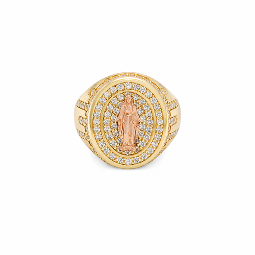 14KT Gold Ring Men's Oval Two Tone Open Hand Virgin Mary Center with White CZ Stones Background Plain Border with White CZ Drips on Sides