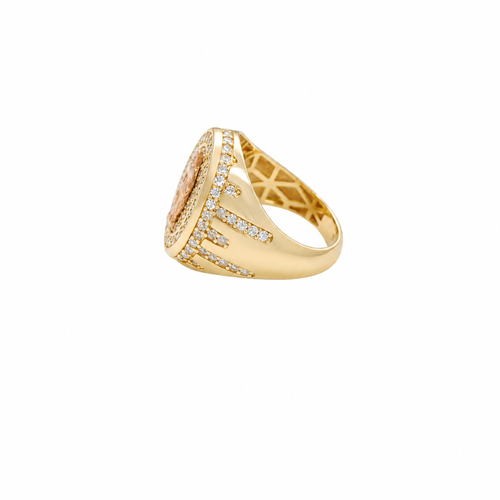 14KT Gold Ring Men's Oval Two Tone Open Hand Virgin Mary Center with White CZ Stones Background Plain Border with White CZ Drips on Sides