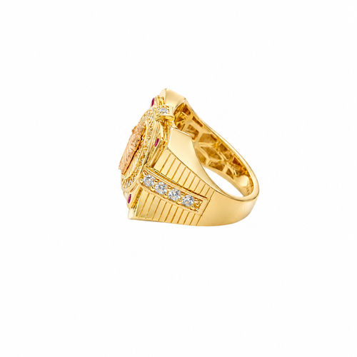 14KT Gold Ring Men's Two Tone Square Raised St. Jude with Sunray Background and Single Row White CZ Stone Border Corner Design One Red/Pink CZ Stone Band Design Four White CZ Stones Plain Border Stripe Etched Background