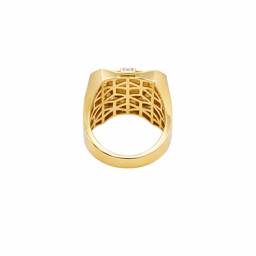14KT Gold Ring Men's Two Tone Square Raised St. Jude with Sunray Background and Single Row White CZ Stone Border Corner Design One Red/Pink CZ Stone Band Design Four White CZ Stones Plain Border Stripe Etched Background