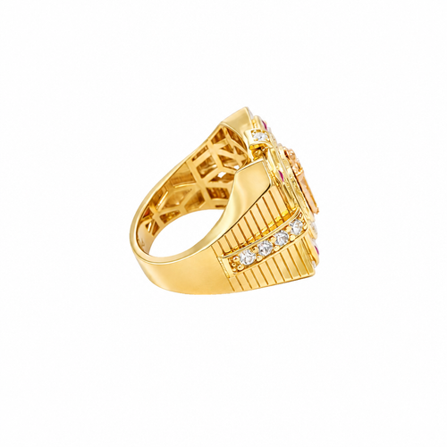 14KT Gold Ring Men's Two Tone Square Raised St. Jude with Sunray Background and Single Row White CZ Stone Border Corner Design One Red/Pink CZ Stone Band Design Four White CZ Stones Plain Border Stripe Etched Background