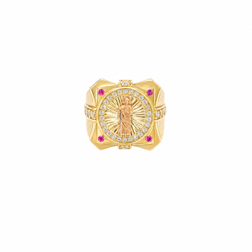 14KT Gold Ring Men's Two Tone Square Raised St. Jude with Sunray Background and Single Row White CZ Stone Border Corner Design One Red/Pink CZ Stone Band Design Four White CZ Stones Plain Border Stripe Etched Background
