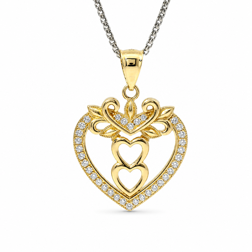 14KT Gold Charm Jumbo White CZ Stones Open Heart Outline with Two Plain Rose Gold Open Heart Center and Plain Bell