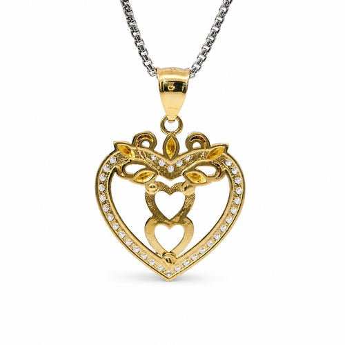 14KT Gold Charm Jumbo White CZ Stones Open Heart Outline with Two Plain Rose Gold Open Heart Center and Plain Bell