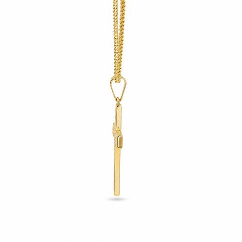 14KT Gold Charm Medium Baguette CZ Stone Cross with Plain Bell