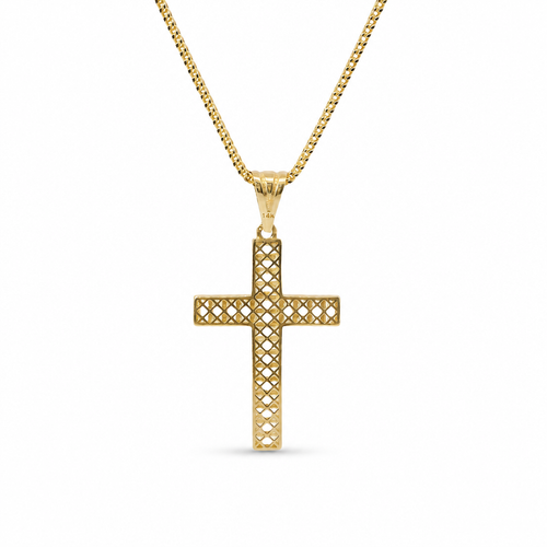 14KT Gold Charm Medium Baguette CZ Stone Cross with Plain Bell