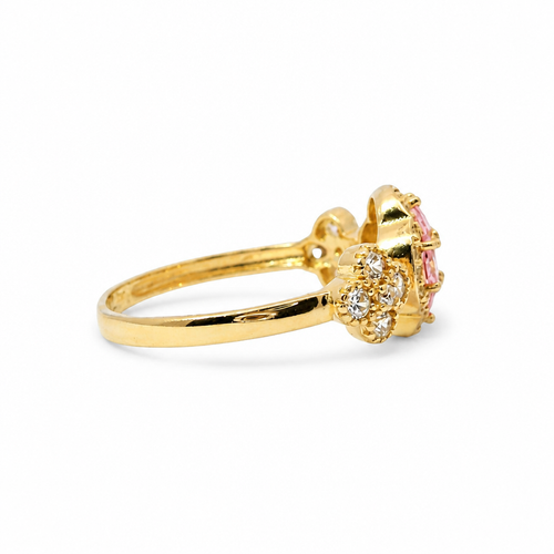 14KT Gold Ring Women's Jumbo Flower Pink Square CZ Stone Center Four Pink CZ Stone Oval Petals with Two White CZ Stone Side Flowers and Borders with Plain Band