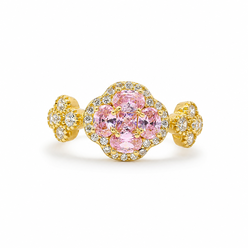 14KT Gold Ring Women's Jumbo Flower Pink Square CZ Stone Center Four Pink CZ Stone Oval Petals with Two White CZ Stone Side Flowers and Borders with Plain Band