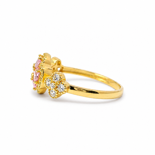 14KT Gold Ring Women's Jumbo Flower Pink Square CZ Stone Center Four Pink CZ Stone Oval Petals with Two White CZ Stone Side Flowers and Borders with Plain Band