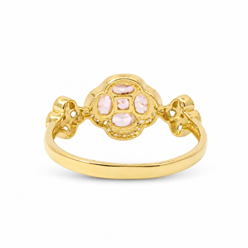 14KT Gold Ring Women's Jumbo Flower Pink Square CZ Stone Center Four Pink CZ Stone Oval Petals with Two White CZ Stone Side Flowers and Borders with Plain Band
