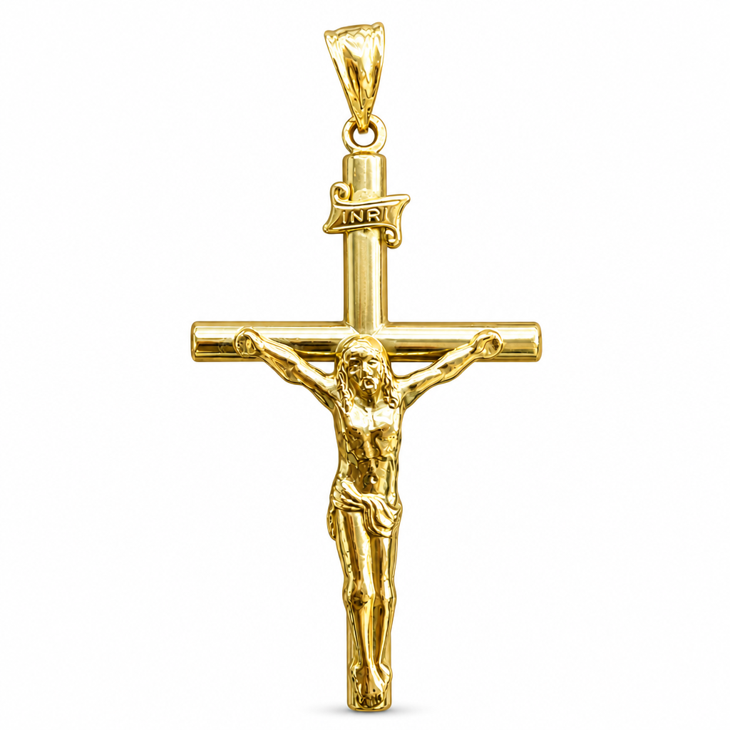 14KT Gold Charm Large Hollow Tube Plain Flat Crucifix Cross Straight Ends with Plain Bell