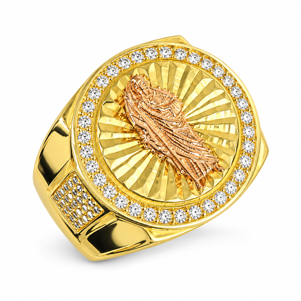 14KT Gold Ring Men's Round Raised Two Tone St Jude Center with Sunray Background and White CZ Stones Border, Three Row White CZ Stones Side Center Design, with Black Stripe Border on Band