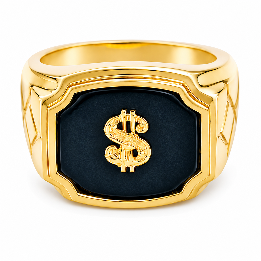 14KT Gold Ring Men's Square Dollar Sign on Onyx Background and Plain Border Side Design Triple Rhombus Stacked Diamond Shape