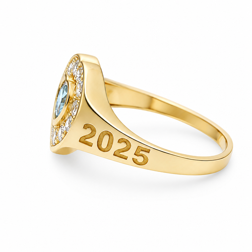 14KT Gold Ring Women's "Class of 2025" Turquoise Center Heart CZ Stone White CZ Stones Border Plain Band