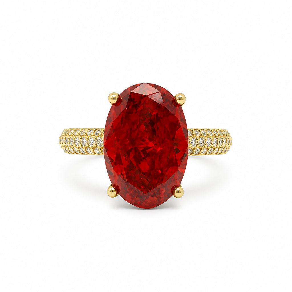14KT Gold Ring Women's Burnt Orange Oval Center CZ Stone with Triple Row of White Round CZ Stones Band