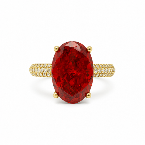 14KT Gold Ring Women's Burnt Orange Oval Center CZ Stone with Triple Row of White Round CZ Stones Band