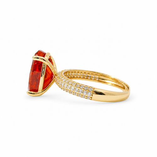 14KT Gold Ring Women's Burnt Orange Oval Center CZ Stone with Triple Row of White Round CZ Stones Band