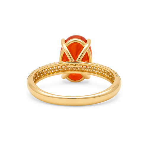 14KT Gold Ring Women's Burnt Orange Oval Center CZ Stone with Triple Row of White Round CZ Stones Band