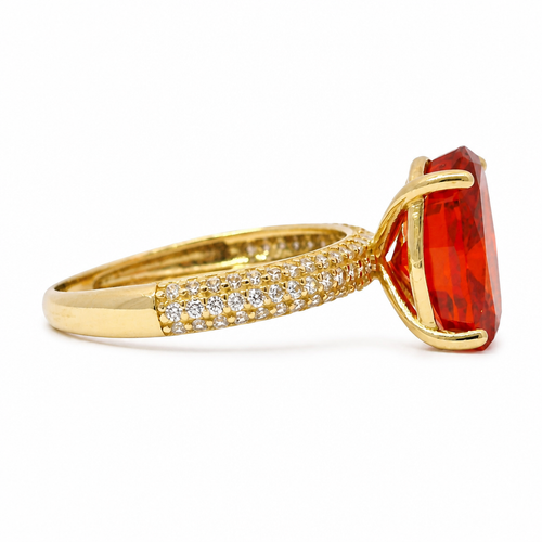 14KT Gold Ring Women's Burnt Orange Oval Center CZ Stone with Triple Row of White Round CZ Stones Band