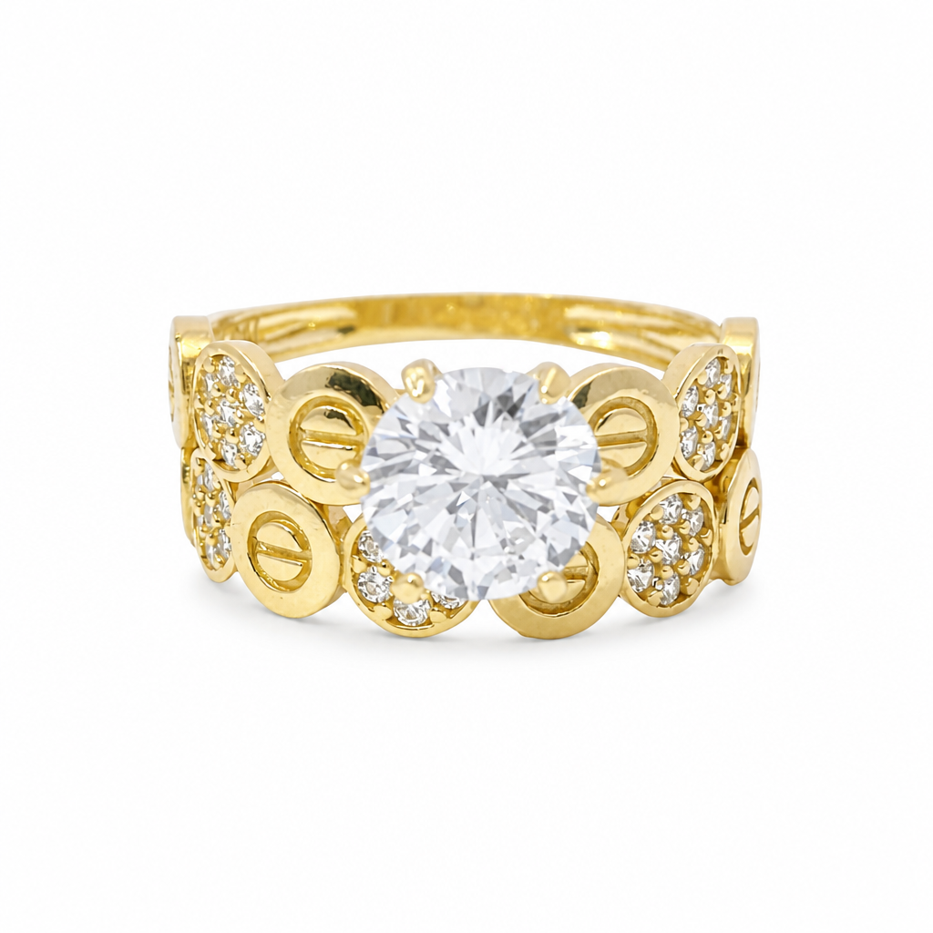 14KT Gold Ring Women's Duo 6 Prong White CZ Stone Solitaire with Alternating White CZ Stones Round Seven Stone Clusters and Mock Screw Scallop Edge Band with Separate Band