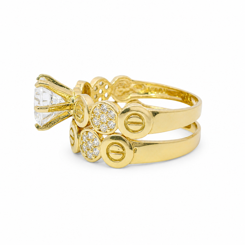 14KT Gold Ring Women's Duo 6 Prong White CZ Stone Solitaire with Alternating White CZ Stones Round Seven Stone Clusters and Mock Screw Scallop Edge Band with Separate Band
