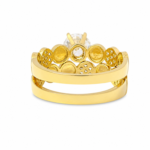14KT Gold Ring Women's Duo 6 Prong White CZ Stone Solitaire with Alternating White CZ Stones Round Seven Stone Clusters and Mock Screw Scallop Edge Band with Separate Band