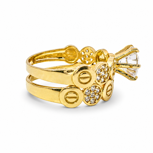 14KT Gold Ring Women's Duo 6 Prong White CZ Stone Solitaire with Alternating White CZ Stones Round Seven Stone Clusters and Mock Screw Scallop Edge Band with Separate Band
