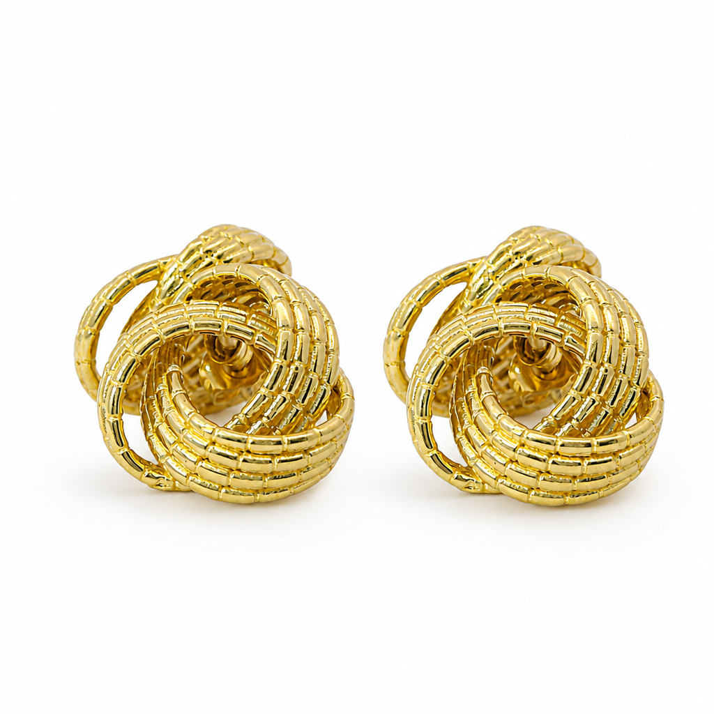 14KT Gold Earrings Medium Plain Braided Cords Knot with Push Back Post and Butterfly Backs