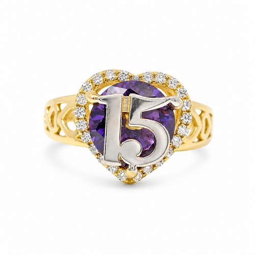 14KT Gold Ring Women's "15" Quincenaera Heart Round Purple Center CZ Stone with White CZ Stones Border and with Three Plain Stacked Cutout Hearts on Band