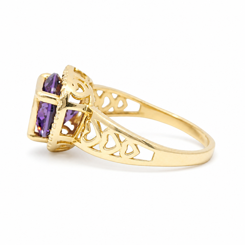 14KT Gold Ring Women's "15" Quincenaera Heart Round Purple Center CZ Stone with White CZ Stones Border and with Three Plain Stacked Cutout Hearts on Band
