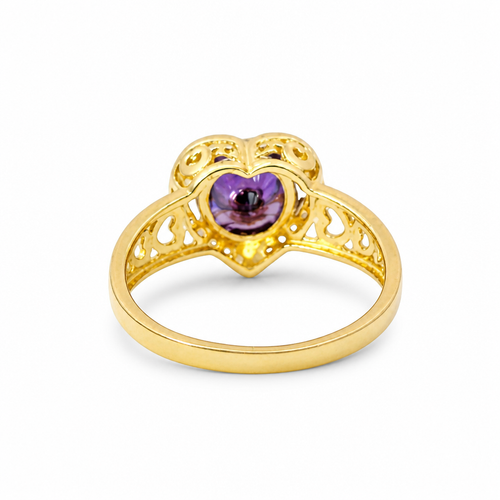 14KT Gold Ring Women's "15" Quincenaera Heart Round Purple Center CZ Stone with White CZ Stones Border and with Three Plain Stacked Cutout Hearts on Band