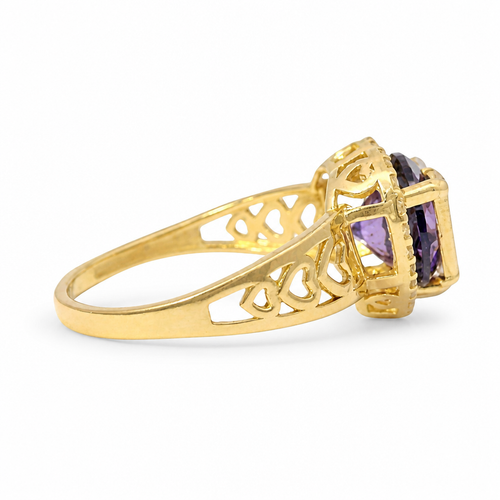 14KT Gold Ring Women's "15" Quincenaera Heart Round Purple Center CZ Stone with White CZ Stones Border and with Three Plain Stacked Cutout Hearts on Band