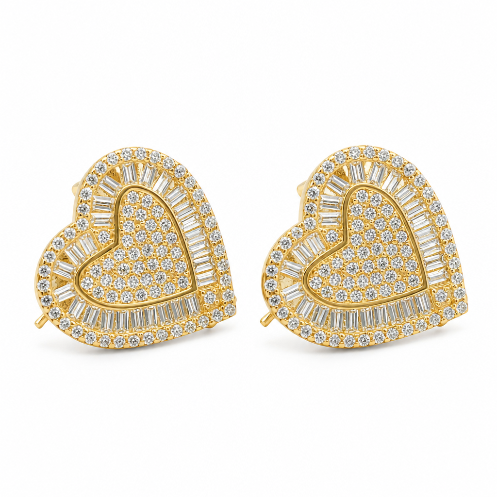14KT Gold Earrings Medium Heart White Round CZ Stones Cluster Center and Edge, Baguette CZ Stones Border, Push Back Post, and Butterfly Backs