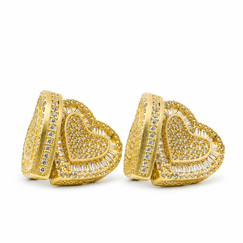 14KT Gold Earrings Medium Heart White Round CZ Stones Cluster Center and Edge, Baguette CZ Stones Border, Push Back Post, and Butterfly Backs