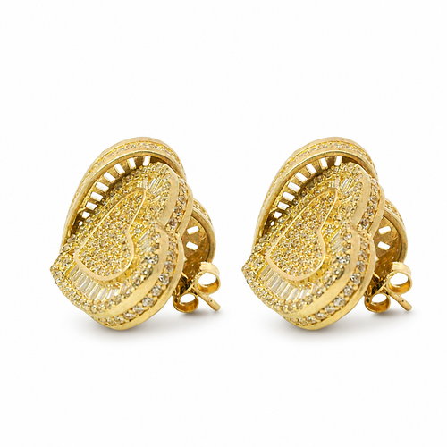 14KT Gold Earrings Medium Heart White Round CZ Stones Cluster Center and Edge, Baguette CZ Stones Border, Push Back Post, and Butterfly Backs