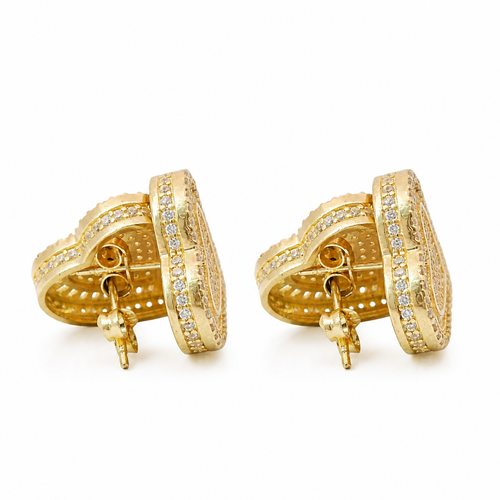 14KT Gold Earrings Medium Heart White Round CZ Stones Cluster Center and Edge, Baguette CZ Stones Border, Push Back Post, and Butterfly Backs
