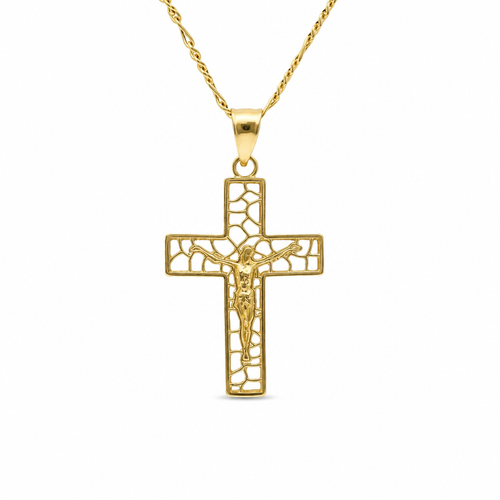 14KT Gold Charm Small Open Center Nugget Square Ends Crucifix Cross with Plain Bell