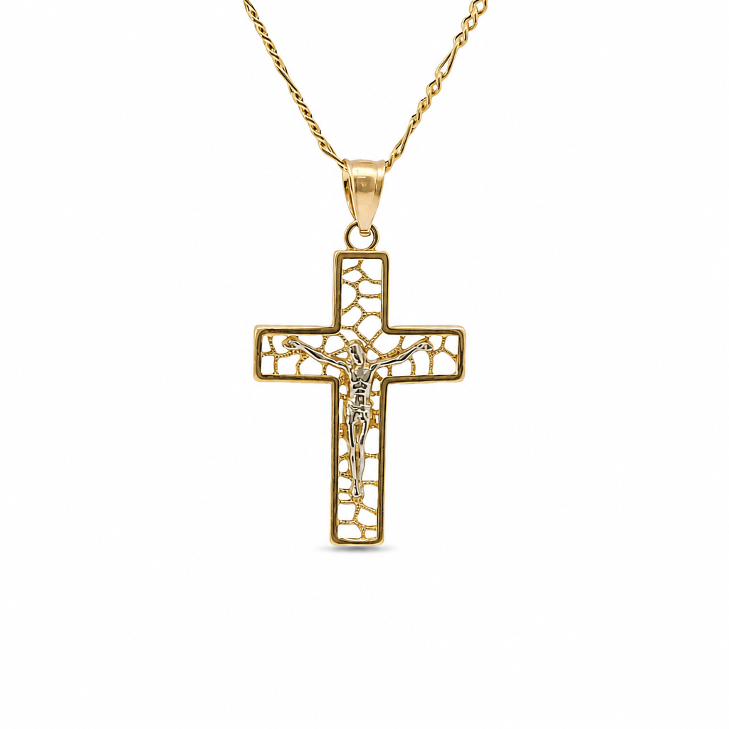 14KT Gold Charm Small Open Center Nugget Square Ends Crucifix Cross with Plain Bell