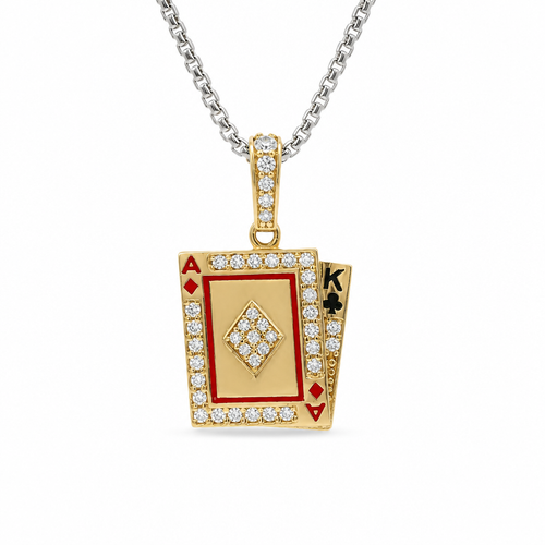 14KT Gold Charm Playing Cards Red Ace of Diamond Black Enamel King of Club with White CZ Stone Border and Bell