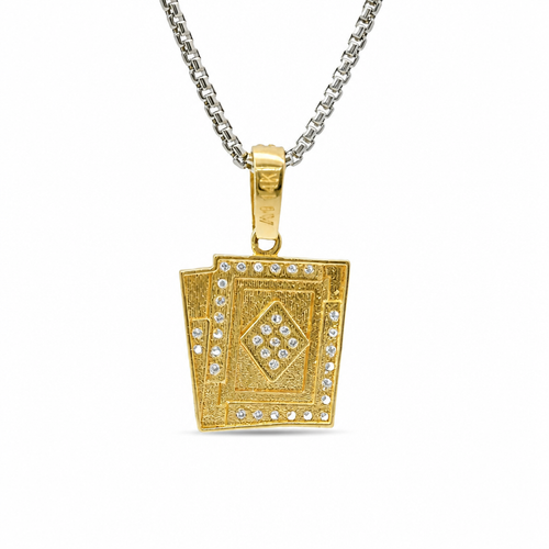 14KT Gold Charm Playing Cards Red Ace of Diamond Black Enamel King of Club with White CZ Stone Border and Bell