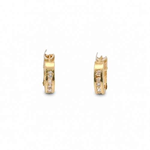 14KT Gold Earring Extra Small White CZ Stones Single Row Hoops with Two Tone Color Block Diamond Cut Back Huggie