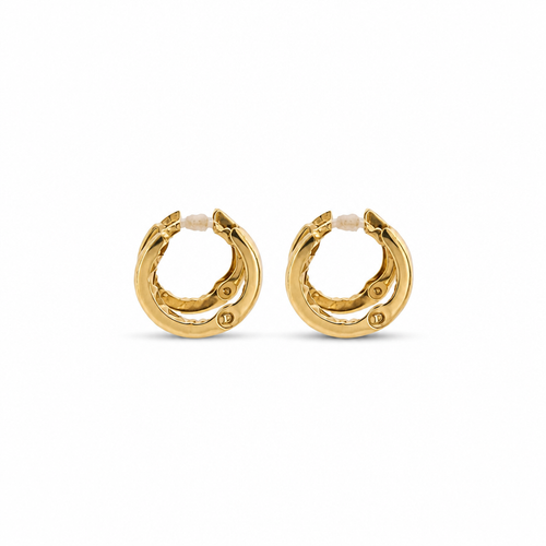 14KT Gold Earring Extra Small White CZ Stones Single Row Hoops with Two Tone Color Block Diamond Cut Back Huggie
