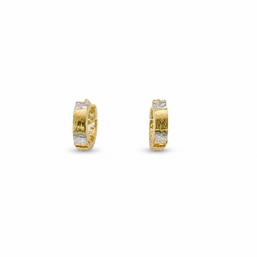 14KT Gold Earring Extra Small White CZ Stones Single Row Hoops with Two Tone Color Block Diamond Cut Back Huggie