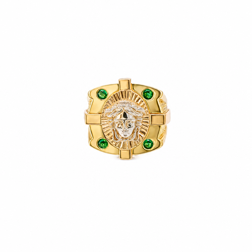 14KT Gold Ring Men's Tri Tone Raised Square/Oval Medusa Portrait with Sunray Background and Corner Design One Green CZ Stone in Each Corner Band Design Double Row White CZ Stone Interlocking Top/Side Cross