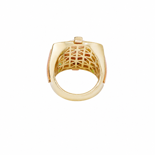 14KT Gold Ring Men's Tri Tone Raised Square/Oval Medusa Portrait with Sunray Background and Corner Design One Green CZ Stone in Each Corner Band Design Double Row White CZ Stone Interlocking Top/Side Cross