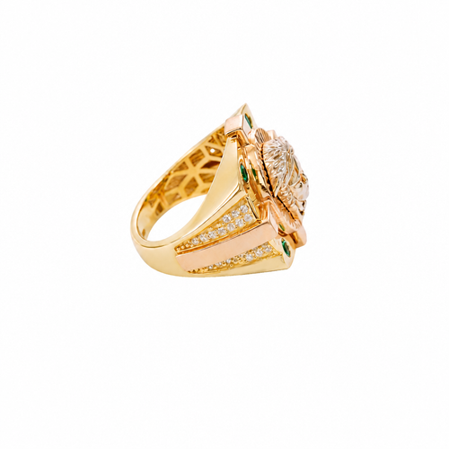 14KT Gold Ring Men's Tri Tone Raised Square/Oval Medusa Portrait with Sunray Background and Corner Design One Green CZ Stone in Each Corner Band Design Double Row White CZ Stone Interlocking Top/Side Cross